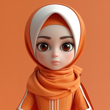 Muslim girl wearing hijab. Cute character in orange headscarf.