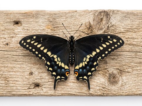 A beautiful black swallowtail butterfly resting on a textured wooden surface in natural light