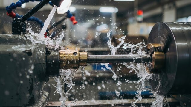 Industrial metal lathe machine cooling process with water splashing in factory