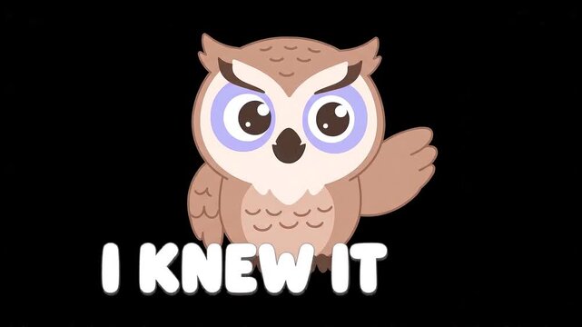 Cartoon owl says I knew it with text on black background