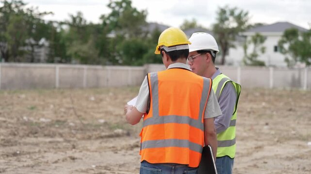 Two Civil Engineers in Hard Hats and Safety Vests Inspecting Construction Site with Blueprint