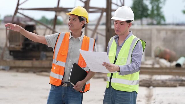 Two Civil Engineers in Hard Hats and Safety Vests Inspecting Construction Site with Blueprint