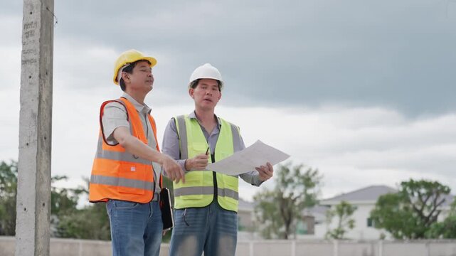 Two Civil Engineers in Hard Hats and Safety Vests Inspecting Construction Site with Blueprint
