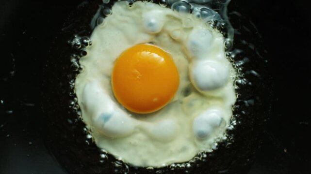 Sizzling Fried Egg on Left with Copy Space in Black Pan

A sunny-side-up fried egg sizzles on the left side of a dark frying pan, leaving generous black copy space on the right. 