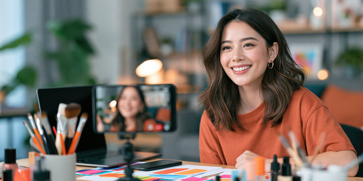 Smiling woman in home office for e commerce live streaming setup