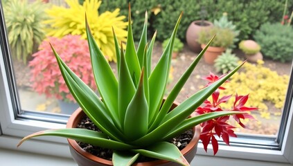 Fototapeta premium Vibrant potted aloe succulent displayed upon a bright autumnal windowsill overlooking a garden
