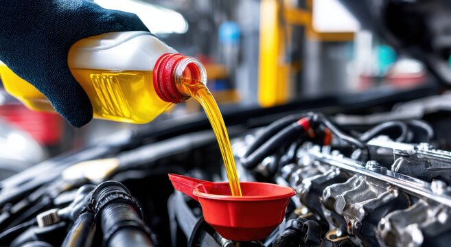 Mechanic pouring fresh motor oil from a plastic bottle into a car engine. Ideal for automotive maintenance.