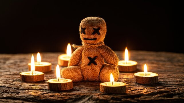 Small burlap voodoo doll sitting surrounded by burning candles on a rustic wooden table