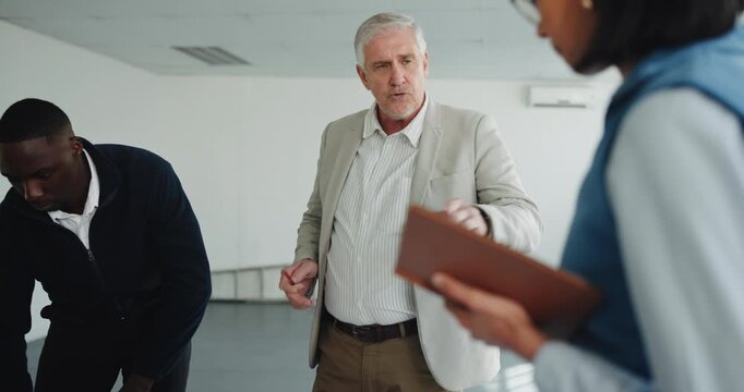 Architect, team or talk in office with mentor for project training, construction review or delegation. Instruction, manager or people in meeting, building design and coaching intern with notes