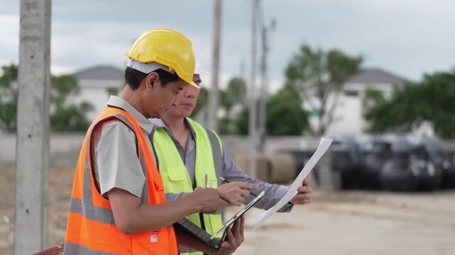 Two Civil Engineers in Hard Hats and Safety Vests Inspecting Construction Site with Blueprint