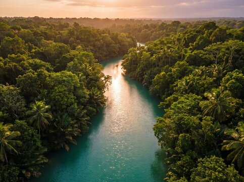 Aerial view of a turquoise river winding through a dense tropical rainforest at sunset with golden light reflecting on the water
