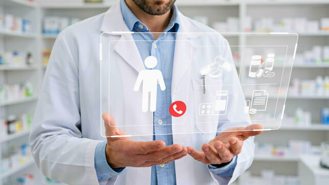 Pharmacist holding digital glass tablet with telehealth icons in pharmacy background for online medical consultation concept