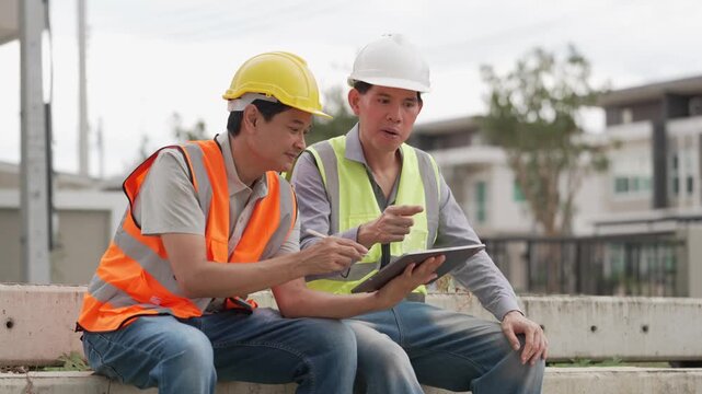 Two Civil Engineers in Hard Hats and Safety Vests Inspecting Construction Site with Blueprint