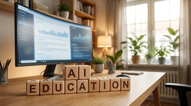 Wooden blocks spelling out ai education placed on a desk in front of a computer screen in a bright and cozy home office setting