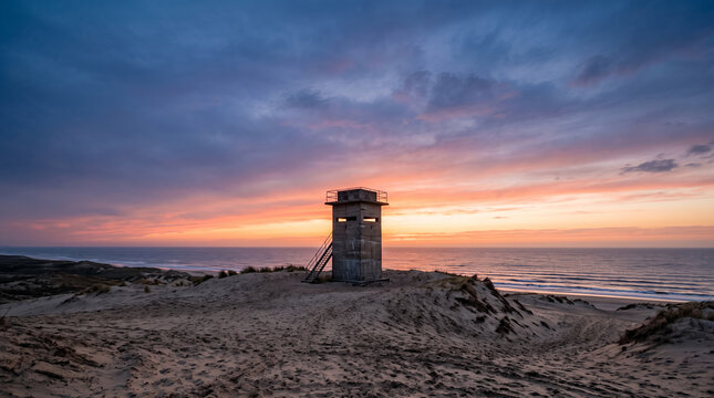 Concrete watchtower on coastal sand dunes at colorful sunset over sea