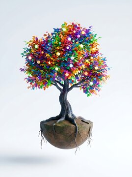 A magical floating island with a vibrant rainbow colored tree featuring glowing lights isolated against a clean white background for creative design concepts