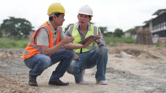 Two Civil Engineers in Hard Hats and Safety Vests Inspecting Construction Site with Blueprint