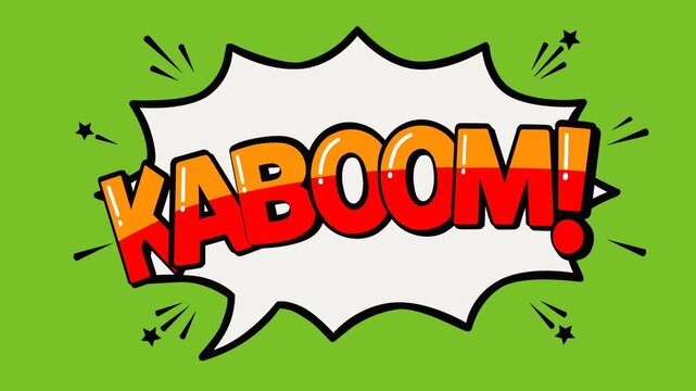 Animated video footage featuring a bold Kaboom comic speech bubble on a green screen background