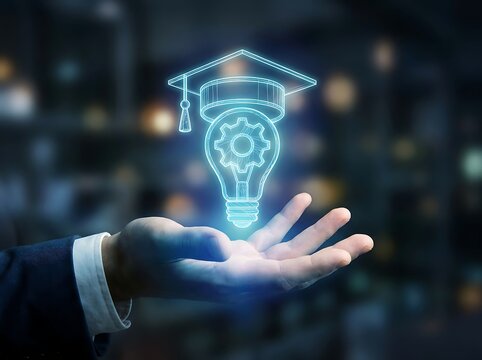 A businessman holding a glowing digital hologram of a lightbulb with a graduation cap icon representing the concept of innovation in modern higher education
