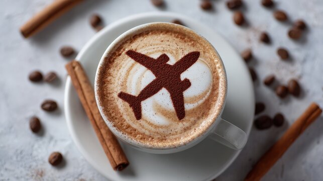 A cup of coffee with an airplane shape drawn in cinnamon foam on a rustic surface. Ideal for travel and.