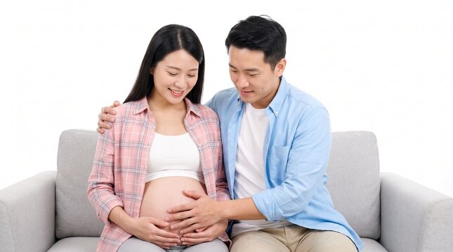 Happy pregnant Asian couple sitting on sofa, husband touching wife's belly with love isolated on white background.