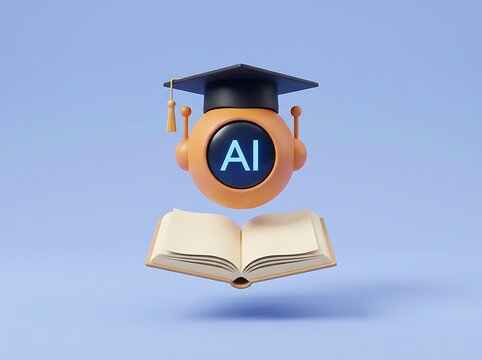 A cute orange robot character wearing a graduation cap floating above an open book representing artificial intelligence in education and machine learning technology