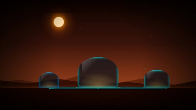 Mars Colony Domes: A futuristic 3D animation of a human settlement on the red planet, featuring glowing blue habitat domes against a dusty orange Martian landscape and a bright sun