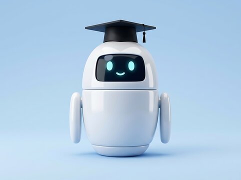 A cute white robot character wearing a graduation cap standing against a light blue background representing artificial intelligence and modern digital education concepts