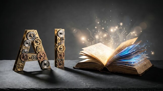 Conceptual image of artificial intelligence represented by the letters ai standing next to an open glowing book filled with magical light and sparks