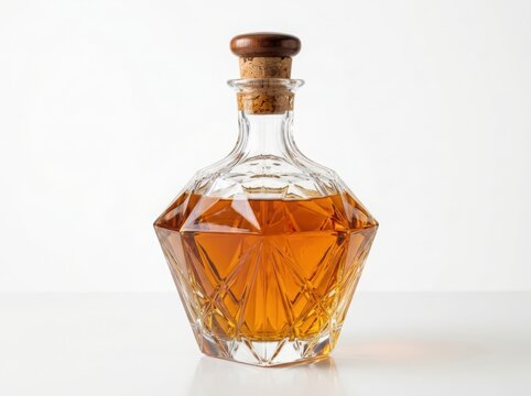 Elegant crystal glass decanter filled with golden amber whiskey or brandy liquor with a wooden stopper isolated on white background , png