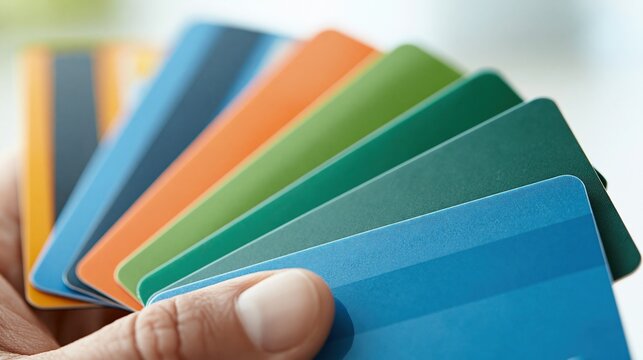 Diverse selection of colorful plastic credit cards fanned out in hand for financial services and payment options