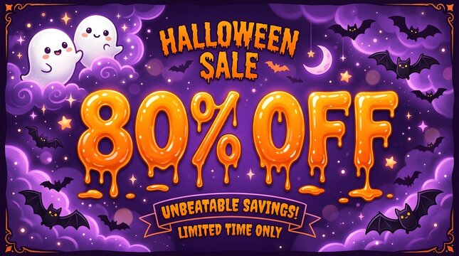 Halloween sale 80 percent off banner with cute ghosts and bats