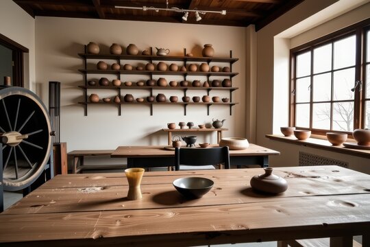 Cozy rustic room with wooden table and shelves