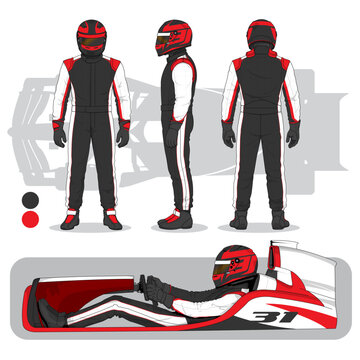 Race Car Driver in Red Suit Front, Side, and Back Views Illustration Set