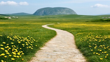 Obraz premium Scenic winding stone path through a vibrant green meadow filled with yellow wildflowers leading towards distant rolling hills and a mountain