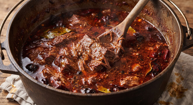 A close-up shot capturing a large pot (olla) filled with tender, fall-apart beef or goat stewed in a rich, dark red chile-and-spice broth before it is shredded for the tacos.