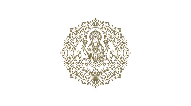 Gold Line Art Illustration of Hindu Goddess Lakshmi Sitting on Lotus in Ornamental Mandala Frame