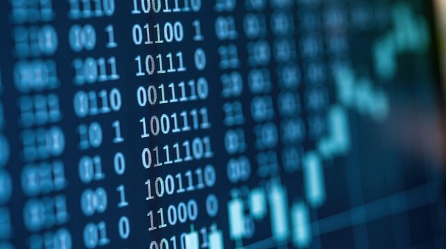 Abstract Digital Data Stream with Binary Code and Financial Chart Overlay