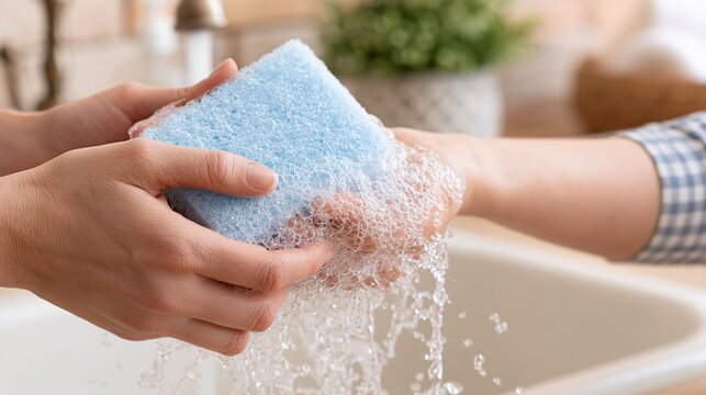 Close-up of hands washing with a blue sponge and soap suds under running water in a kitchen sink