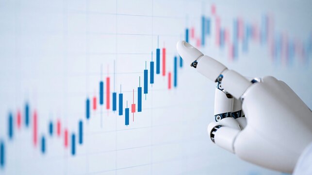 Robot finger pointing at stock market candlestick chart, symbolizing algorithmic trading and financial technology