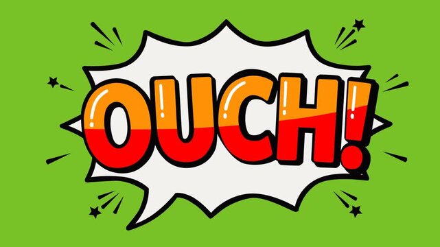 Animated video footage featuring a bold Ouch comic speech bubble on a green screen background