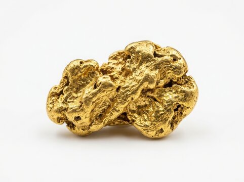 A single raw gold nugget with a shiny texture and metallic surface isolated on white background , png