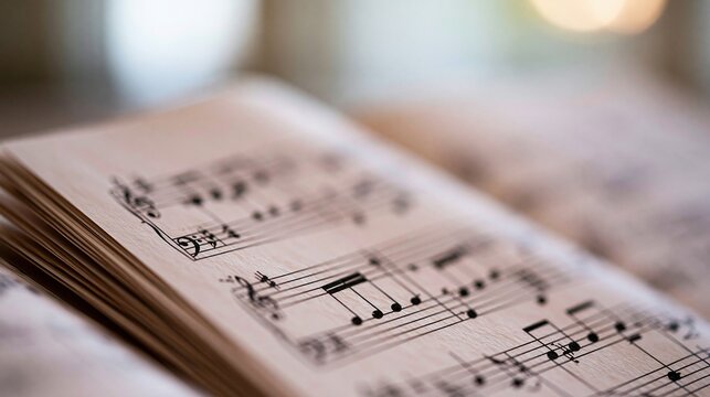 Close-up view of vintage sheet music with black musical notes on aged paper, blurred background.