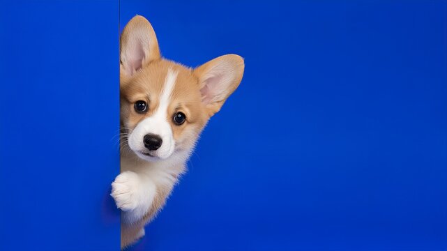 Cute brown and white puppy peeking from behind blue wall. Adorable pet playing hide and seek. Curious animal expression with big ears. Studio shot with copy space.