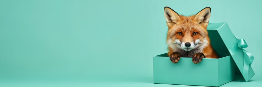 Cute red fox sitting inside a teal gift box with a bow. Surprised animal in a present package. Surprise gift concept with copy space on the left.