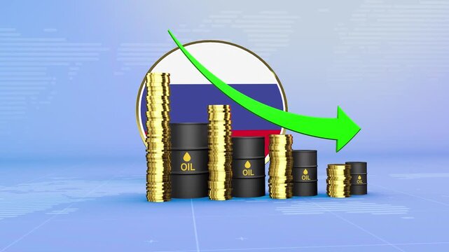 Russia Oil Prices Decline with Oil Barrels, Gold Coins and Downward Green Arrow, 3D Economic and Financial Market Concept