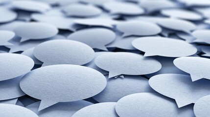 Obraz premium Numerous light blue paper speech bubbles scattered and overlapping, symbolizing communication and ideas