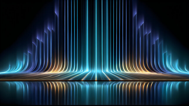 Abstract neon blue light bars. Vertical striped pattern with glowing digital gradient lines.