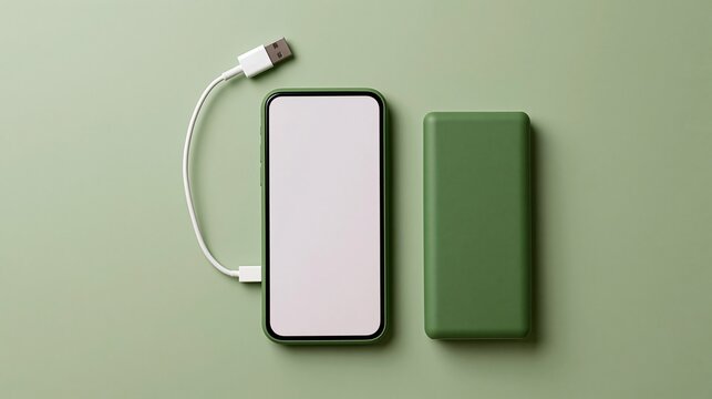 Modern green smartphone with blank screen connected to power bank via USB cable, flat lay