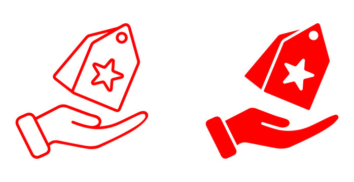hand holding price tag icon with star symbol in outline and solid style representing discount offer sale and shopping concept isolated png design.
